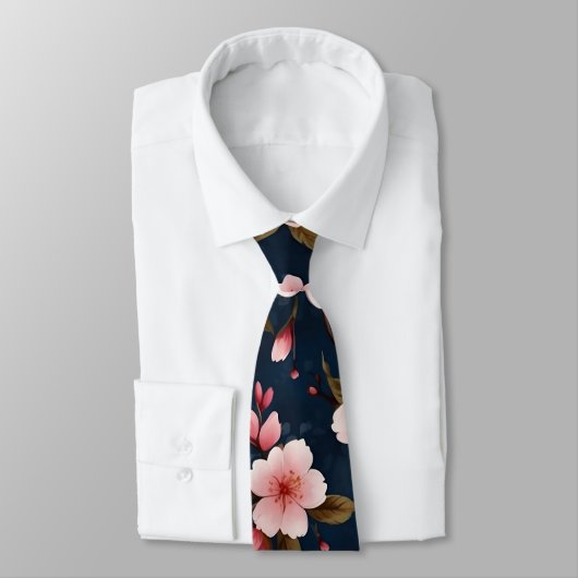 Cravate Motif en fleurs de cerisier rose et bleu illustré (Attaché)