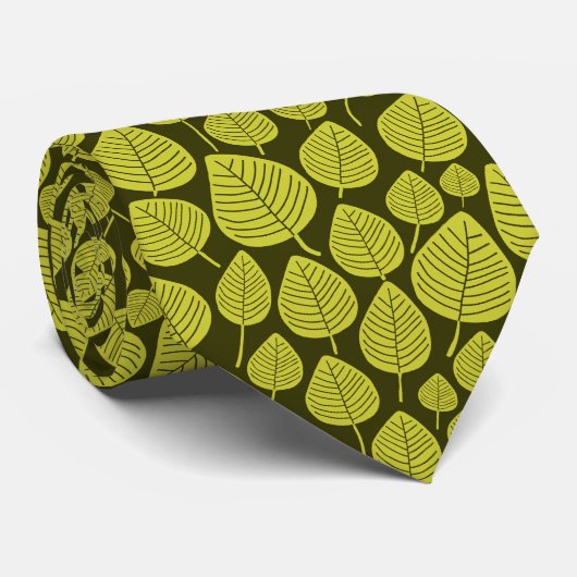 Cravate Motif feuille 02 - Banane jaune sur l'olive foncé (Roulé)