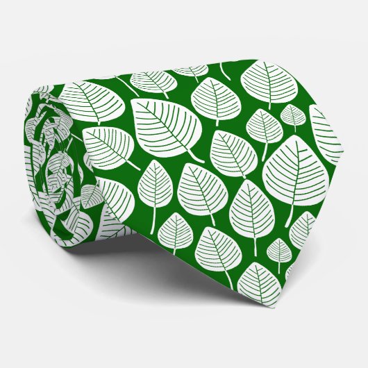 Cravate Motif feuille 02 - Blanc sur vert forestier (Roulé)