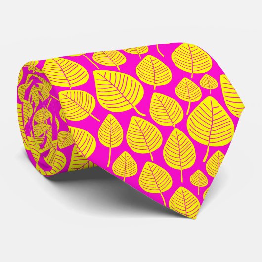 Cravate Motif feuille 02 - Jaune sur Deep Magenta (Roulé)