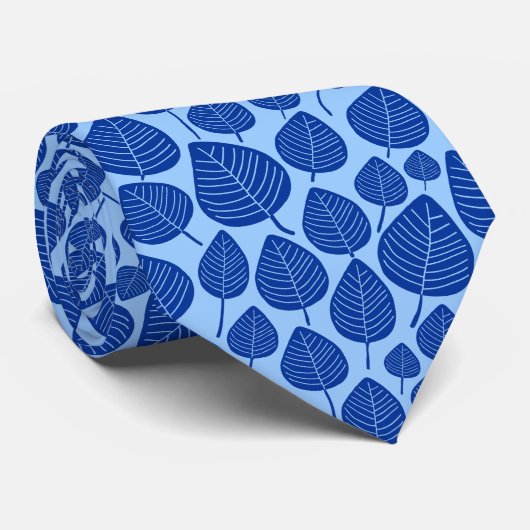 Cravate Motif feuille 02 - Marine sur bleu clair (Roulé)