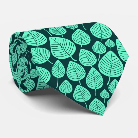 Cravate Motif feuille 02 - Turquoise sur Vert foncé (Roulé)