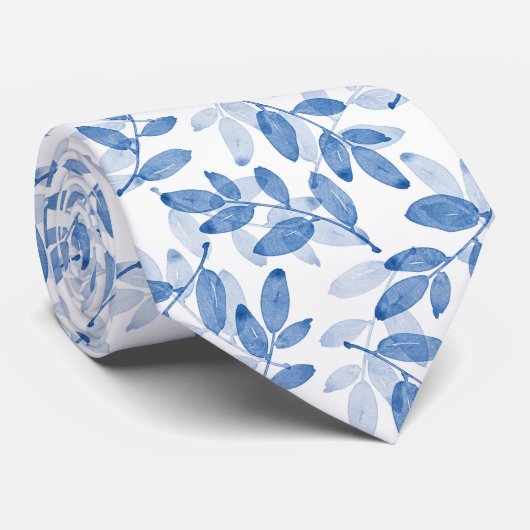 Cravate Motif Feuille d'aquarelle bleu (Roulé)