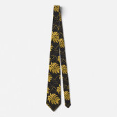 Cravate Motif Feuille Gold Monstera sur Noir (Devant)