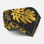 Cravate Motif Feuille Gold Monstera sur Noir (Roulé)