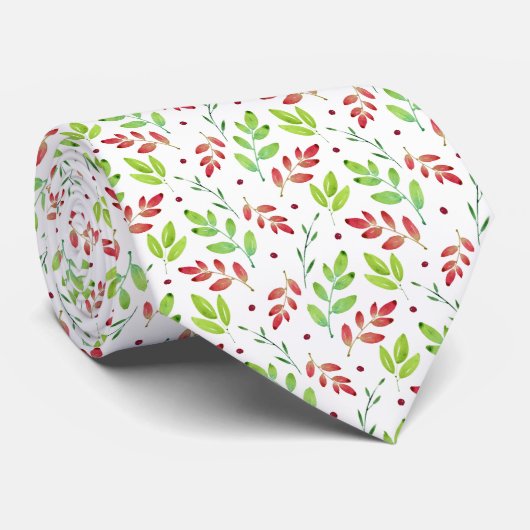 Cravate Motif Feuille mixte rouge, vert aquarelle (Roulé)