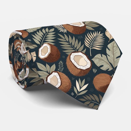 Cravate Motif Feuilles Tropicales & Noix de Coco Coupées e (Roulé)