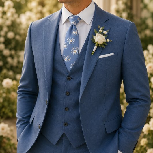 Cravate Motif Fleur Blanche Bleu Ciel Doux