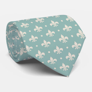 Cravate Motif Fleur De Lis gris sur fond turquoise