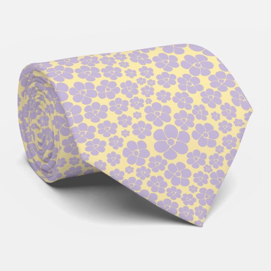 Cravate Motif Fleur - Pastel Jaune et Violet (Roulé)