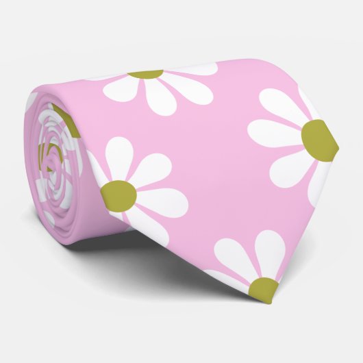 Cravate Motif Fleur Retro Daisy en rose (Roulé)
