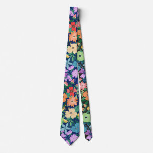 Cravate Motif Fleurs Arc-en-ciel Bleu Rétro