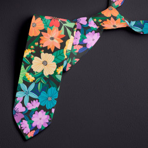 Cravate Motif Fleurs Arc-en-ciel Noir Rétro