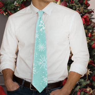 Cravate Motif Flocons de Neige Bleu Turquoise Doux Gel Hiv