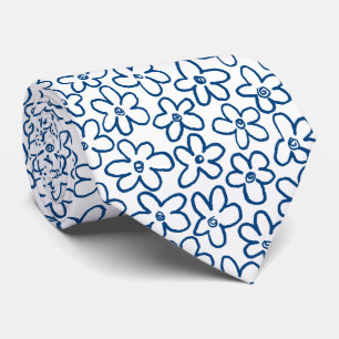 Cravate Motif floral 080821 - Bleu indigo et blanc