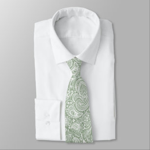 Cravate Motif Floral Blanc Et Vert Sage Paisley