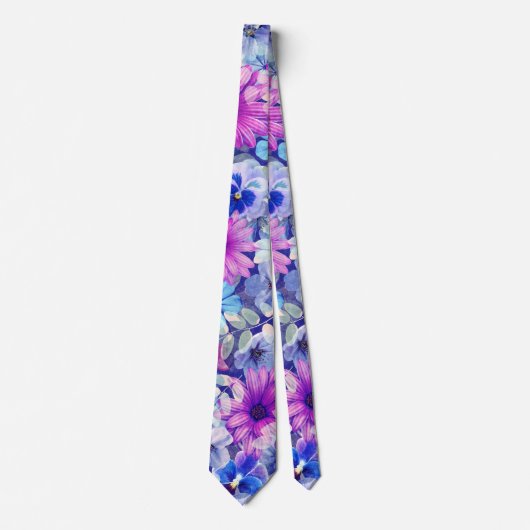 Cravate Motif Floral bleu magenta rose (Devant)