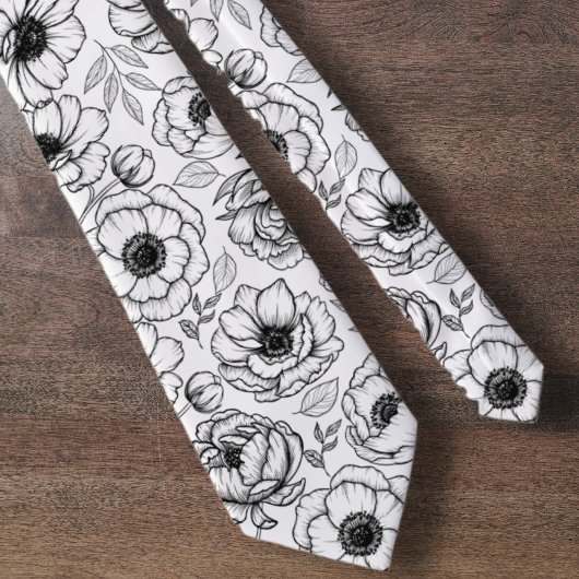 Cravate Motif floral botanique noir blanc