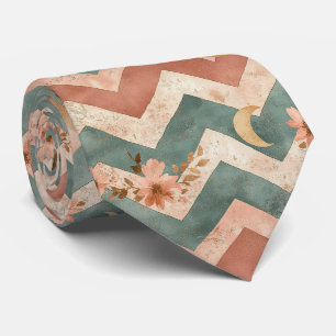 Cravate Motif floral de lune rustique à chevron ton terreu