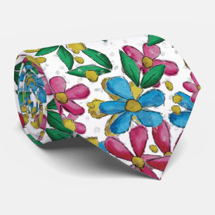 Cravate Motif Floral d'Été Bleu Clair Jaune Rose Chaud