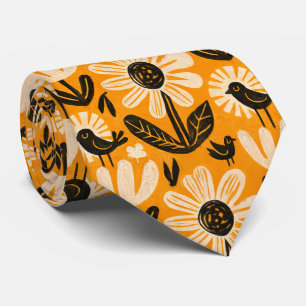 Cravate Motif floral et oiseaux d'art populaire rétro