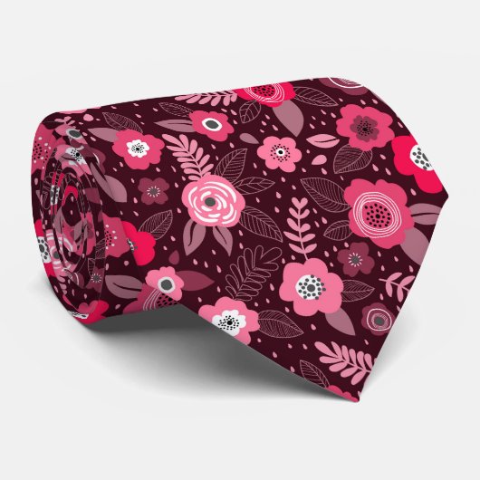 Cravate Motif floral fantaisie magenta rose élégant (Roulé)