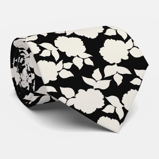 Cravate Motif floral noir et blanc chic (Roulé)