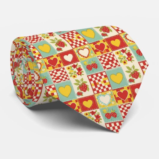 Cravate Motif floral patchwork rétro à la fraise (Roulé)