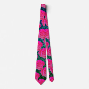 Cravate Motif floral rose rose bleu vert pailleté cadeau