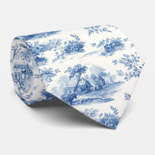 Cravate Motif floral toile de Jouy bleue vintage