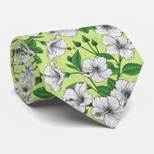 Cravate Motif floral tropical à fleurs d'Hibiscus blanc