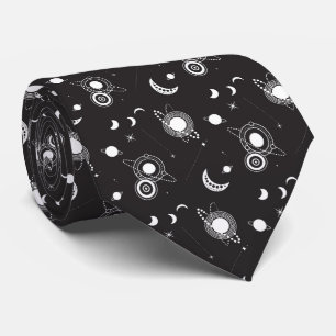Cravate Motif galaxie lune soleil céleste noir blanc