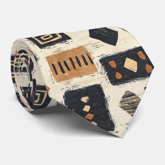Cravate Motif géométrique rustique en boue de Mali (1) (Roulé)