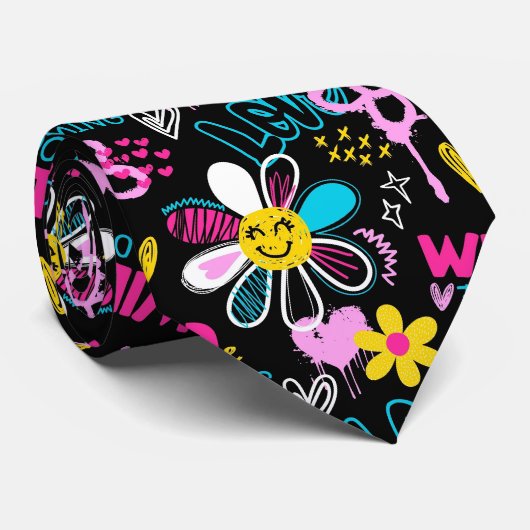 Cravate Motif graffiti fleur smiley mode (Roulé)