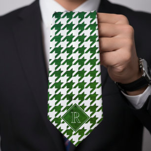 Cravate Motif Houndstooth Monogrammé Blanc & Bois Vert