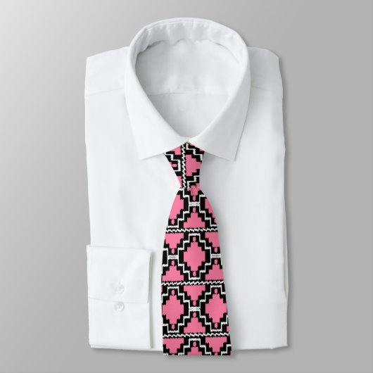 Cravate Motif Ikat Aztec - Fuchsia rose, noir et blanc (Attaché)