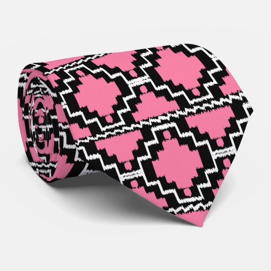 Cravate Motif Ikat Aztec - Fuchsia rose, noir et blanc (Roulé)