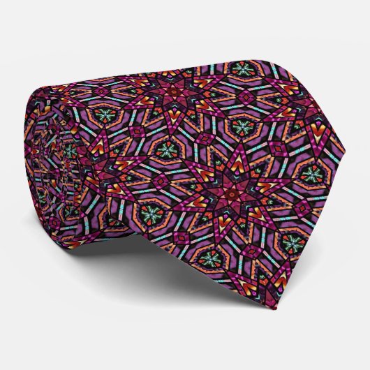 Cravate Motif kaléidoscope rose turquoise violet orange (Roulé)