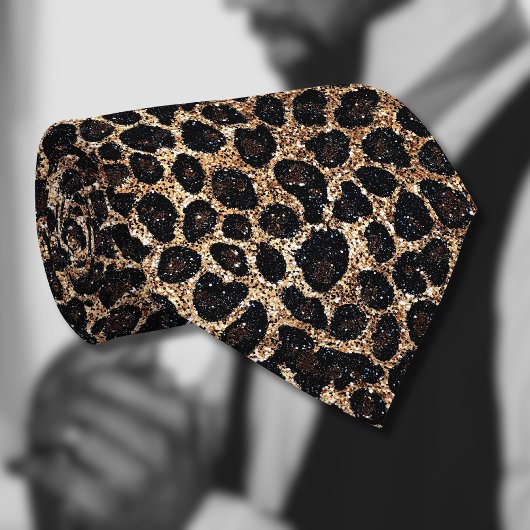 Cravate Motif Léopard Noir Marron Or Pailleté Luxe