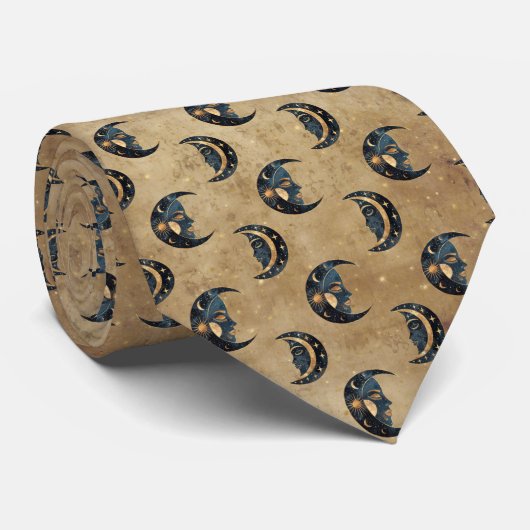 Cravate Motif Lune Étoile Astrologie Vintage (Roulé)