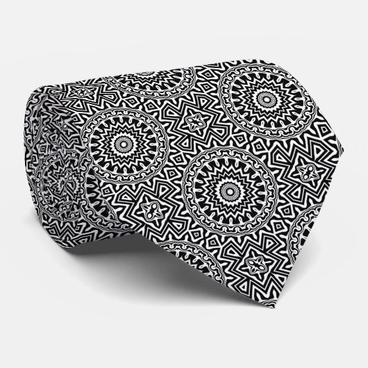 Cravate Motif Mandala Noir Blanc Moderne (Roulé)