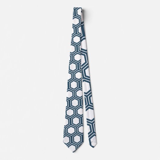 Cravate Motif minimal bleu Hexagon blanc (Devant)