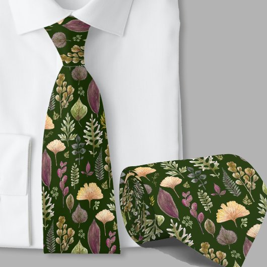 Cravate Motif moderne de feuilles d'automne vert forêt