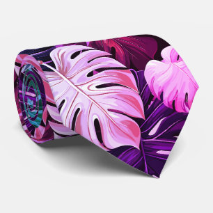 Cravate Motif monstera tropical hawaïen rose