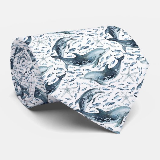 Cravate Motif nautique avec dauphins et poissons (Roulé)