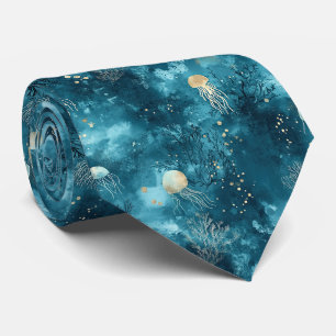 Cravate Motif Océan Corail Méduse Bleu Luxe