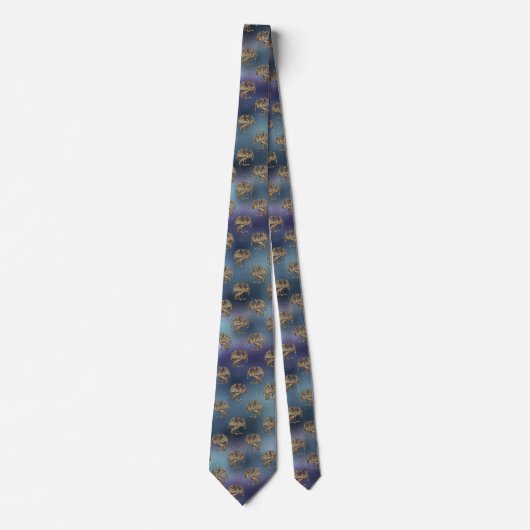 Cravate Motif Ombre violet et bleu avec dragons d'or (Devant)