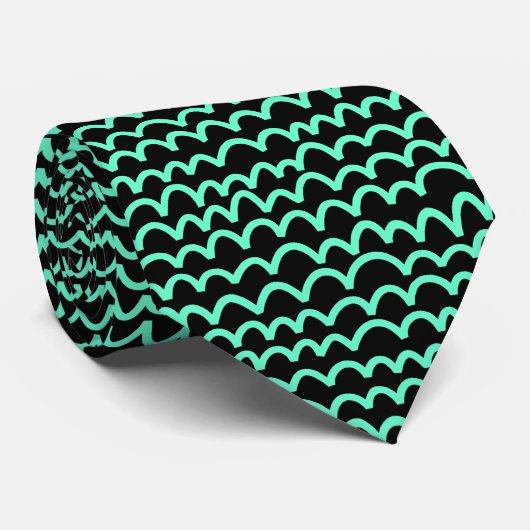 Cravate Motif ondulé - Turquoise sur noir (Roulé)