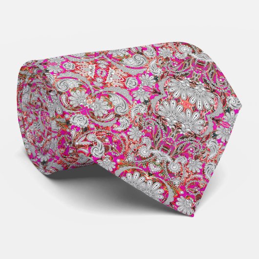 Cravate Motif paisley blanc rose (Roulé)
