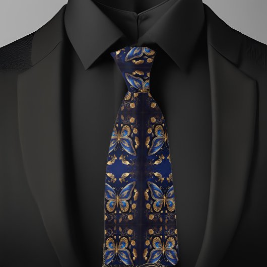Cravate Motif Papillon Or et Bleu